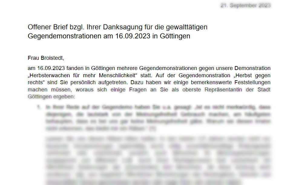 Offener Brief an OB Göttingen bzgl. gewalttätiger Gegenproteste am 16.09.2023