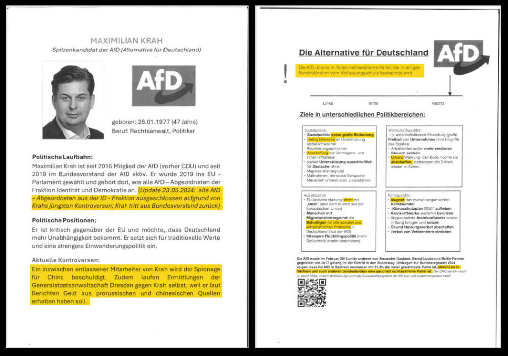 Auszug aus den beiden Broschüren zu den Spitzenkandidaten (links) und den Parteien (rechts). In beiden Broschüren wird die AfD in ein spürbar schlechteres Licht gerückt als alle anderen Parteien.