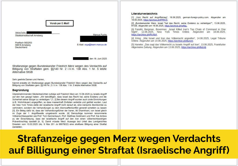 Strafanzeige gegen Merz wegen Verdachts auf Billigung des israelischen Angriffs auf den Iran