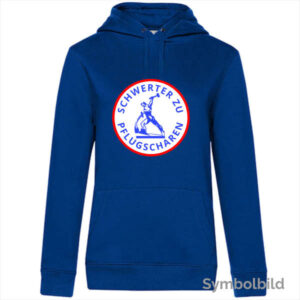 Hoodie "Schwerter zu Pflugscharen" in blau mit weißem Hintergrund für Frauen